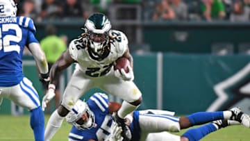 Aug 24, 2023; Philadelphia, Pennsylvania, USA; Philadelphia Eagles running back Trey Sermon (22) is tackled by Indianapolis Colts linebacker E.J. Speed (45) during the second quarter at Lincoln Financial Field. Mandatory Credit: Eric Hartline-USA TODAY Sports