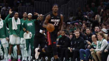 Oct 27, 2023; Boston, Massachusetts, USA; Miami Heat forward Jimmy Butler (22) brings the ball up court against the Boston Celtics during the second quarter at TD Garden. Mandatory Credit: Winslow Townson-USA TODAY Sports