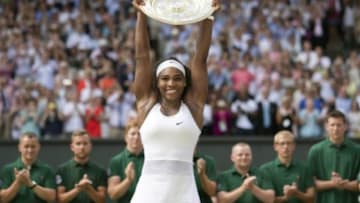 Jul 11, 2015; London, United Kingdom; Serena Williams (USA) at the trophy presentation after winning her match against Garbine Muguruza (ESP) on day 12 of The Championships Wimbledon at the AELTC. Mandatory Credit: Susan Mullane-USA TODAY Sports