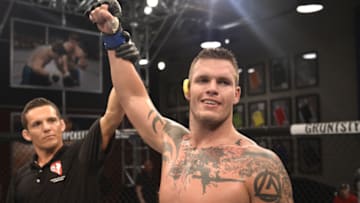 LAS VEGAS, NV - AUGUST 29: Allen Crowder celebrates after defeating Don'Tale Mayes in their heavyweight bout during Dana White's Tuesday Night Contender Series at the TUF Gym on August 29, 2017 in Las Vegas, Nevada. (Photo by Brandon Magnus/DWTNCS)