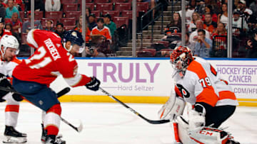 SUNRISE, FL - NOVEMBER. 19: Goaltender Carter Hart #79 of the Philadelphia Flyers defends the net against Vincent Trocheck #21 of the Florida Panthers at the BB&T Center on November 19, 2019 in Sunrise, Florida. (Photo by Eliot J. Schechter/NHLI via Getty Images)