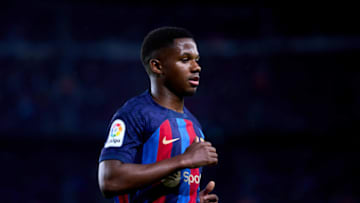 BARCELONA, SPAIN - APRIL 29: Ansu Fati of FC Barcelona looks on during the LaLiga Santander match between FC Barcelona and Real Betis at Spotify Camp Nou on April 29, 2023 in Barcelona, Spain. (Photo by Alex Caparros/Getty Images)