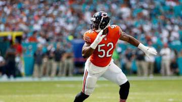 MIAMI, FL - OCTOBER 14: Khalil Mack #52 of the Chicago Bears in action on the field in the second half with a taped ankle against the Miami Dolphins at Hard Rock Stadium on October 14, 2018 in Miami, Florida. (Photo by Marc Serota/Getty Images)