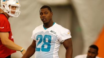 Jun 17, 2014; Davie, FL, USA; Miami Dolphins running back Knowshon Moreno (28) during mini-camp at Miami Dolphins Training Facility. Mandatory Credit: Robert Mayer-USA TODAY Sports