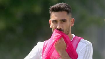 MOSCOW, RUSSIA - JUNE 13: Ilkay Guendogan reacts during the Germany training session ahead of the 2018 FIFA World Cup at CSKA Sports Base on June 13, 2018 in Moscow, Russia. (Photo by Alexander Hassenstein/Getty Images)