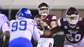 Oct 30, 2021; Starkville, Mississippi, USA; Mississippi State Bulldogs quarterback Will Rogers (2) looks to make a pass against the Kentucky Wildcats during the first quarter at Davis Wade Stadium at Scott Field. Mandatory Credit: Matt Bush-USA TODAY Sports