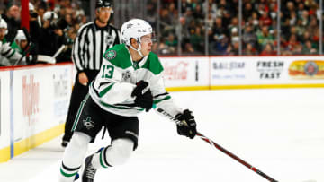 ST. PAUL, MN - DECEMBER 27: Dallas Stars center Mattias Janmark (13) skates with the puck in the 2nd period during the Central Division game between the Dallas Stars and the Minnesota Wild on December 27, 2017 at Xcel Energy Center in St. Paul, Minnesota. (Photo by David Berding/Icon Sportswire via Getty Images)