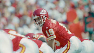 Joe Montana #19, Quarterback for the Kansas City Chiefs calls the play at the snap during the American Football Conference West game against his former team the San Francisco 49er on 11 September 1994 at the Arrowhead Stadium, Kansas City, Missouri, United States. The Chiefs won the game 24 - 17. (Photo by Mike Powell/Allsport/Getty Images)