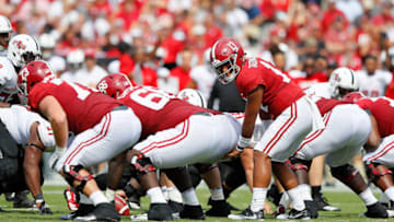 TUSCALOOSA, AL - SEPTEMBER 08: Tua Tagovailoa #13 of the Alabama Crimson Tide runs the offense against the Arkansas State Red Wolves at Bryant-Denny Stadium on September 8, 2018 in Tuscaloosa, Alabama. (Photo by Kevin C. Cox/Getty Images)