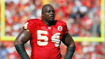 KANSAS CITY - OCTOBER 19: Brian Waters #54 of the Kansas City Chiefs rests on the field during the game against the Tennessee Titans at Arrowhead Stadium on October 19, 2008 in Kansas City, Missouri. (Photo by: Jamie Squire/Getty Images)