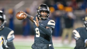 Jamari Jones, Texas FootballNorthwest Rankin's Jamari Jones (9) releases a pass in the first half. Northwest Rankin and Tupelo played in an MHSAA Class 6A first-round playoff game on Friday, November 9, 2018 at Northwest Rankin. Photo by Keith WarrenTupelo Nw Rankin