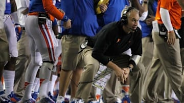Oct 18, 2014; Gainesville, FL, USA; Florida Gators defensive coordinator D.J. Durkin during the first half against the Missouri Tigers at Ben Hill Griffin Stadium. Mandatory Credit: Kim Klement-USA TODAY Sports