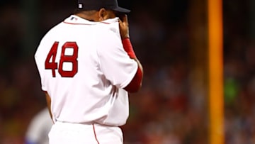 Aug 22, 2015; Boston, MA, USA; Boston Red Sox third baseman Pablo Sandoval (48) reacts after making an error against the Kansas City Royals during the eighth inning at Fenway Park. Mandatory Credit: Mark L. Baer-USA TODAY Sports