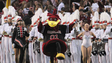 COLUMBIA, SC - SEPTEMBER 12: South Carolina Gamecocks mascot 'Cocky' leads the band onto the field before the start of their game against the Kentucky Wildcats on September 12, 2015 at Williams-Brice Stadium in Columbia, South Carolina. (Photo by Mary Ann Chastain/Getty Images)