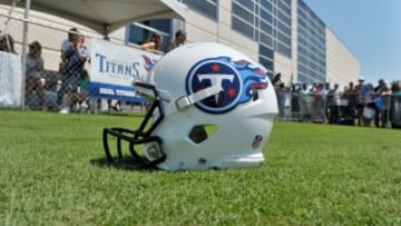 Jul 26, 2014; Nashville, TN, USA; Detail view of a Tennessee Titans helmet during training camp at Saint Thomas Sports Park. Mandatory Credit: Jim Brown-USA TODAY Sports