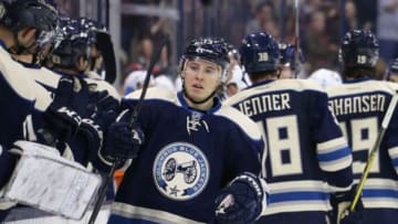Dec 12, 2015; Columbus, OH, USA; Columbus Blue Jackets right wing Cam Atkinson (13) celebrates with teammates after scoring a goal in the third period against the New York Islanders at Nationwide Arena. The Islanders won 3-2 in overtime. Mandatory Credit: Aaron Doster-USA TODAY Sports