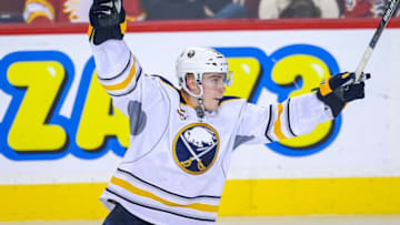 Dec 10, 2015; Calgary, Alberta, CAN; Buffalo Sabres defenseman Rasmus Ristolainen (55) celebrates his goal against the Calgary Flames during the third period at Scotiabank Saddledome. Calgary Flames won 4-3. Mandatory Credit: Sergei Belski-USA TODAY Sports