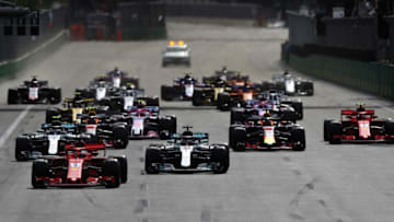 BAKU, AZERBAIJAN - APRIL 29: Sebastian Vettel of Germany driving the (5) Scuderia Ferrari SF71H leads Lewis Hamilton of Great Britain driving the (44) Mercedes AMG Petronas F1 Team Mercedes WO9 (Photo by Mark Thompson/Getty Images)