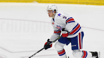 TORONTO, ON - JANUARY 12: Will Borgen #3 of the Rochester Americans carries the puck up ice against the Toronto Marlies during AHL game action on January 12, 2019 at Coca-Cola Coliseum in Toronto, Ontario, Canada. (Photo by Graig Abel/Getty Images)