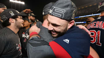 LOS ANGELES, CA - OCTOBER 28: Steve Pearce #25 of the Boston Red Sox celebrates his team's 5-1 win over the Boston Red Sox in Game Five of the 2018 World Series at Dodger Stadium on October 28, 2018 in Los Angeles, California. (Photo by Harry How/Getty Images)