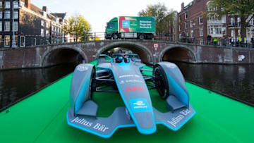 AMSTERDAM, NETHERLANDS - OCTOBER 15: The Formula E car arrives on a boat at the Jan Vinckbrug bridge prior to the announcement of Heineken becoming an official partner of the ABB FIA Formula E Championship on October 15, 2018 in Amsterdam, Netherlands. The five-year partnership will begin in the 2018-2019 season. (Photo by Michel Porro/Getty Images for Heineken)