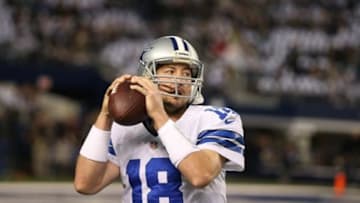 Dec 29, 2013; Arlington, TX, USA; Dallas Cowboys quarterback Kyle Orton (18) throws prior to the game against the Philadelphia Eagles at AT&T Stadium. Mandatory Credit: Matthew Emmons-USA TODAY Sports