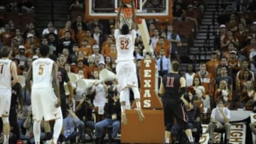 Nov 25, 2014; Austin, TX, USA; Texas Longhorns forward Myles Turner (52) dunks against the St. Francis Red Flash during the second half at the Frank Erwin Special Events Center. Texas beat St. Francis 78-46. Mandatory Credit: Brendan Maloney-USA TODAY Sports