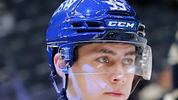 Oct 23, 2021; Columbus, Ohio, USA; Columbus Blue Jackets right wing Yegor Chinakhov (59) during warmups at Nationwide Arena. Mandatory Credit: Russell LaBounty-USA TODAY Sports