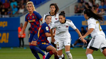 Aurelie Kaci and Aitana Bonmati during the match between FC Barcelona and Club Deportivo Tacon, corresponding to the week 1 of the Liga Primera Iberdrola, played at the Johan Cruyff Stadium, on 07th September, 2019, in Barcelona, Spain. (Photo by Joan Valls/Urbanandsport /NurPhoto via Getty Images)