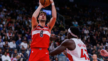 TORONTO, CANADA - OCTOBER 20: Deni Avdija #8 of the Washington Wizards puts up a shot over Pascal Siakam #43 of the Toronto Raptors during the second half of their NBA game at Scotiabank Arena on October 20, 2023 in Toronto, Canada. NOTE TO USER: User expressly acknowledges and agrees that, by downloading and or using this photograph, User is consenting to the terms and conditions of the Getty Images License Agreement. (Photo by Cole Burston/Getty Images)