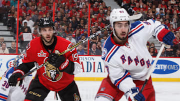 OTTAWA, ON - APRIL 29: Derick Brassard #19 of the Ottawa Senators skates against Mika Zibanejad #93 of the New York Rangers in Game Two of the Eastern Conference Second Round during the 2017 NHL Stanley Cup Playoffs at Canadian Tire Centre on April 29, 2017 in Ottawa, Ontario, Canada. (Photo by Andre Ringuette/NHLI via Getty Images)