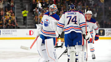 May 12, 2023; Las Vegas, Nevada, USA; Edmonton Oilers goaltender Jack Campbell (36) replaces Edmonton Oilers goaltender Stuart Skinner (74) during the second period against the Vegas Golden Knights in game five of the second round of the 2023 Stanley Cup Playoffs at T-Mobile Arena. Mandatory Credit: Stephen R. Sylvanie-USA TODAY Sports
