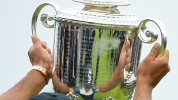FARMINGDALE, NEW YORK - MAY 19: Brooks Koepka of the United States celebrates with the Wanamaker Trophy during the Trophy Presentation Ceremony after winning the final round of the 2019 PGA Championship at the Bethpage Black course on May 19, 2019 in Farmingdale, New York. (Photo by Patrick Smith/Getty Images)