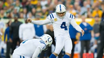 Nov 6, 2016; Green Bay, WI, USA; Indianapolis Colts kicker Adam Vinatieri (4) during the game against the Green Bay Packers at Lambeau Field. Indianapolis won 31-26. Mandatory Credit: Jeff Hanisch-USA TODAY Sports