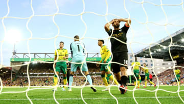 NORWICH, ENGLAND - SEPTEMBER 14: Sergio Aguero of Manchester City reacts to a missed chance during the Premier League match between Norwich City and Manchester City at Carrow Road on September 14, 2019 in Norwich, United Kingdom. (Photo by Paul Harding/Getty Images)