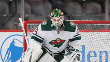 NEWARK, NEW JERSEY - NOVEMBER 26: Kaapo Kahkonen #31 of the Minnesota Wild skates in warm-ups prior to playing in his first NHL game against the New Jersey Devils at the Prudential Center on November 26, 2019 in Newark, New Jersey. (Photo by Bruce Bennett/Getty Images)