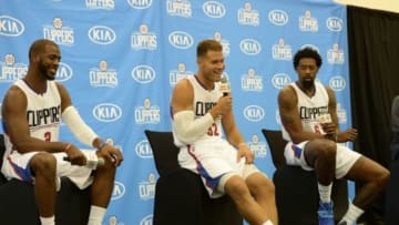 Sep 25, 2015; Los Angeles, CA, USA; Los Angeles Clippers guard Chris Paul (3), forward Blake Griffin (32), and center DeAndre Jordan (6) during media day at the Clipper Training Facility in Playa Vista. Mandatory Credit: Jayne Kamin-Oncea-USA TODAY Sports