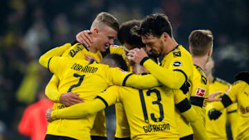 DORTMUND, GERMANY - JANUARY 24: Erling Braut Haaland of Borussia Dortmund celebrates scoring the goal to the 4:1 during the Bundesliga match between Borussia Dortmund and 1. FC Köln at the Signal Iduna Park on January 24, 2020 in Dortmund, Germany. (Photo by Alexandre Simoes/Borussia Dortmund via Getty Images)