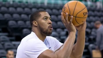 Oct 17, 2016; Salt Lake City, UT, USA; Utah Jazz forward Derrick Favors (15) warms up prior to the game against the Los Angeles Clippers at Vivint Smart Home Arena. Mandatory Credit: Russ Isabella-USA TODAY Sports