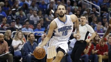 Apr 6, 2016; Orlando, FL, USA; Orlando Magic guard Evan Fournier (10) drives the ball down court during the second half of a basketball game against the Detroit Pistons at Amway Center. The Pistons won 108-104. Mandatory Credit: Reinhold Matay-USA TODAY Sports