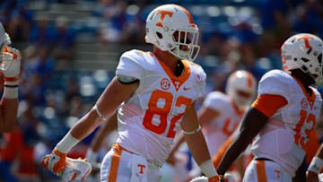 Sep 26, 2015; Gainesville, FL, USA; Tennessee Volunteers tight end Ethan Wolf (82) works out prior to the game at Ben Hill Griffin Stadium. Mandatory Credit: Kim Klement-USA TODAY Sports