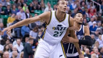 Nov 23, 2015; Salt Lake City, UT, USA; Utah Jazz center Rudy Gobert (27) boxes out Oklahoma City Thunder guard Andre Roberson (21) during the first quarter at Vivint Smart Home Arena. Mandatory Credit: Russ Isabella-USA TODAY Sports