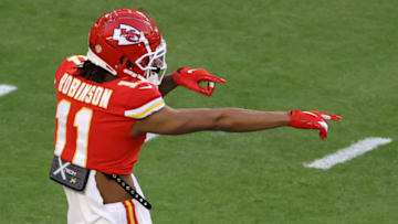 MIAMI, FLORIDA - FEBRUARY 02: Demarcus Robinson #11 of the Kansas City Chiefs gestures before Super Bowl LIV at Hard Rock Stadium on February 02, 2020 in Miami, Florida. (Photo by Elsa/Getty Images)