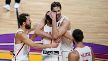 2019 FIBA World Cup: Pau Gasol (4), JuanCarlos Navarro (7), Sergio Rodriguez (6) and Marc Gasol (13) of Spain celebrate their teams' victory after the FIBA Eurobasket 2017 semi final basketball match (Photo by Salih Zeki Fazlioglu/Anadolu Agency/Getty Images)