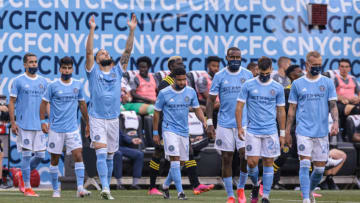 May 22, 2021; Harrison, New Jersey, USA; New York City FC defender Gudmundur Thorarinsson (20) before the game against the Columbus Crew at Red Bull Arena. Mandatory Credit: Vincent Carchietta-USA TODAY Sports
