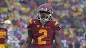 Nov 26, 2016; Los Angeles, CA, USA; Southern California Trojans defensive back Adoree Jackson (2) celebrates during a NCAA football game against the Notre Dame Fighting Irish at Los Angeles Memorial Coliseum. Mandatory Credit: Kirby Lee-USA TODAY Sports