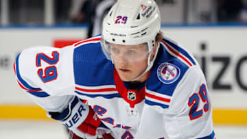 ELMONT, NEW YORK - NOVEMBER 24: Dryden Hunt #29 of the New York Rangers skates against the New York Islanders at the UBS Arena on November 24, 2021 in Elmont, New York. (Photo by Bruce Bennett/Getty Images)
