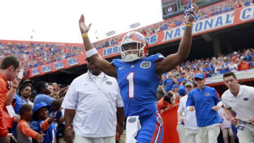 Nov 21, 2015; Gainesville, FL, USA; Florida Gators defensive back Vernon Hargreaves III (1) runs out of the tunnel before the game against the Florida Atlantic Owls at Ben Hill Griffin Stadium. Mandatory Credit: Kim Klement-USA TODAY Sports