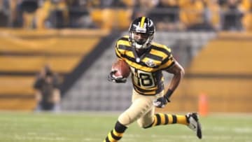 November 18, 2012; Pittsburgh, PA, USA; Pittsburgh Steelers wide receiver David Gilreath (18) runs the ball after a pass reception against the Baltimore Ravens during the first quarter at Heinz Field. The Baltimore Ravens won 13-10. Mandatory Credit: Charles LeClaire-USA TODAY Sports