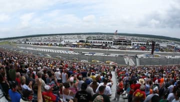 Aug 3, 2014; Long Pond, PA, USA; General view as NASCAR Sprint Cup Series drivers start lap one of the GoBowling.com 400 at Pocono Raceway. Mandatory Credit: Bill Streicher-USA TODAY Sports